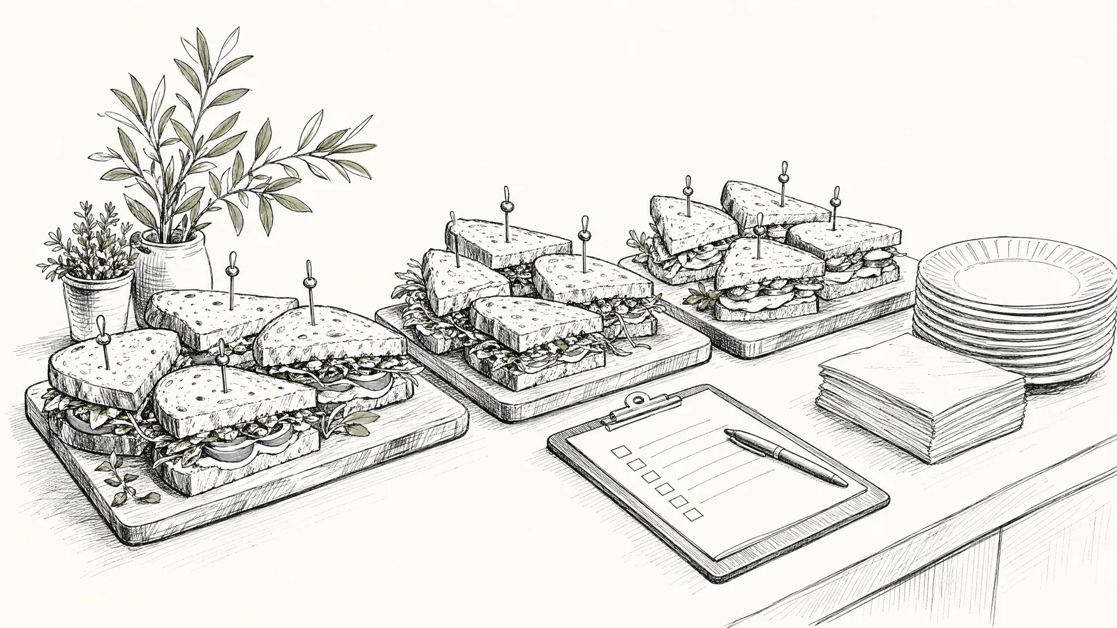 Ink drawing of three sandwich platters in a row on an office bench, with paper plates, napkins and a clipboard