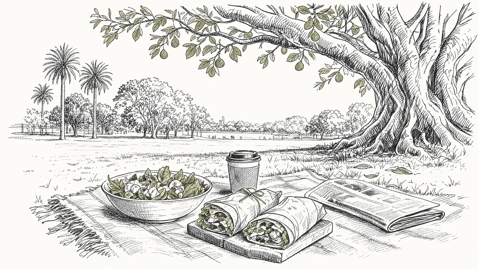 Ink drawing of a picnic lunch on a rug under a big fig tree in a park, with sandwich halves, a salad and a coffee