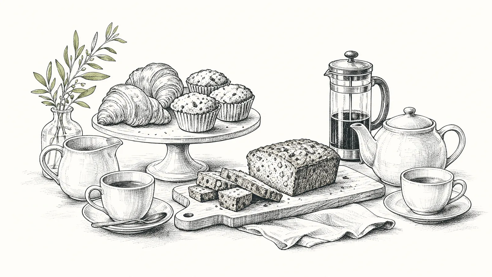 Ink drawing of a morning tea bench with croissants and muffins on a cake stand, banana bread, a teapot and cups