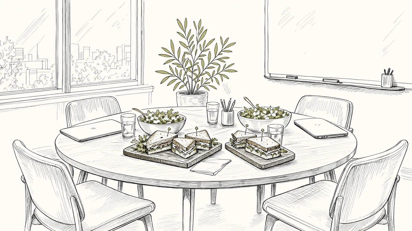Ink drawing of a round office meeting table with two sandwich boards, two salad bowls, laptops and glasses of water