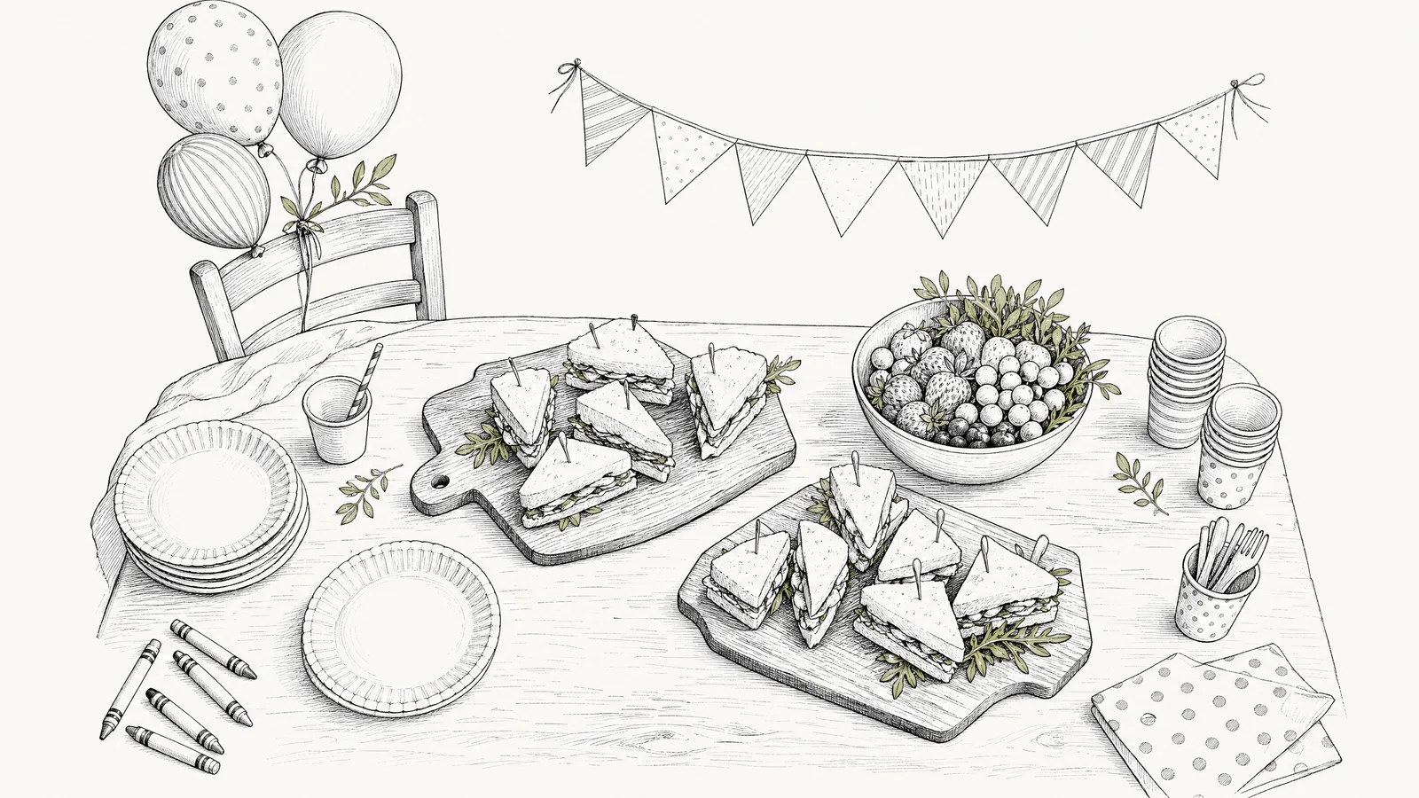 Ink drawing of a kids party table from above, with sandwich boards, a fruit bowl, paper plates, balloons and bunting